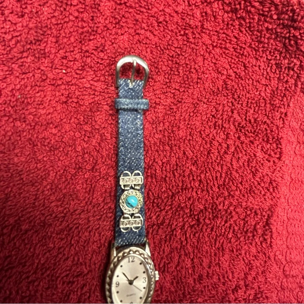 Avon VTG Women's Watch Silver Tone w/ Blue Denim Band, turquoise accents